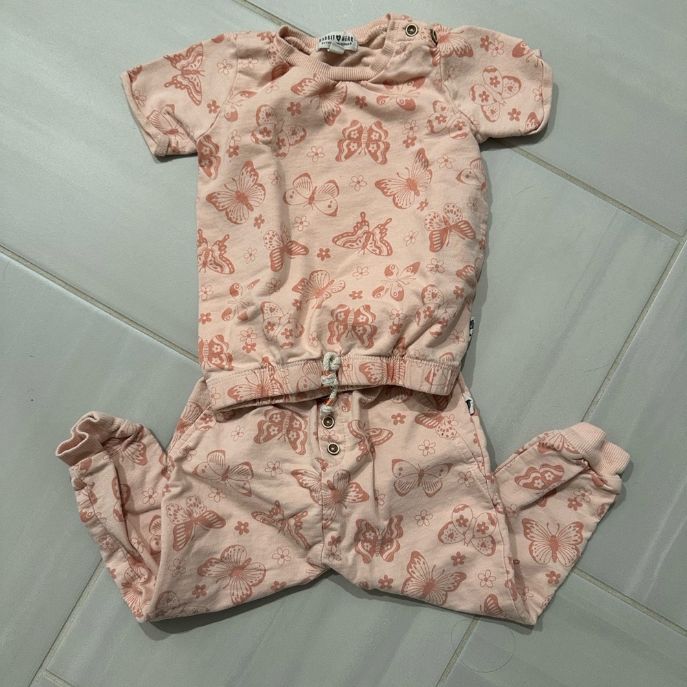 Rabbit + Bear Organic Cotton Lounge Set Peachy Pink Butterflies Florals 3T